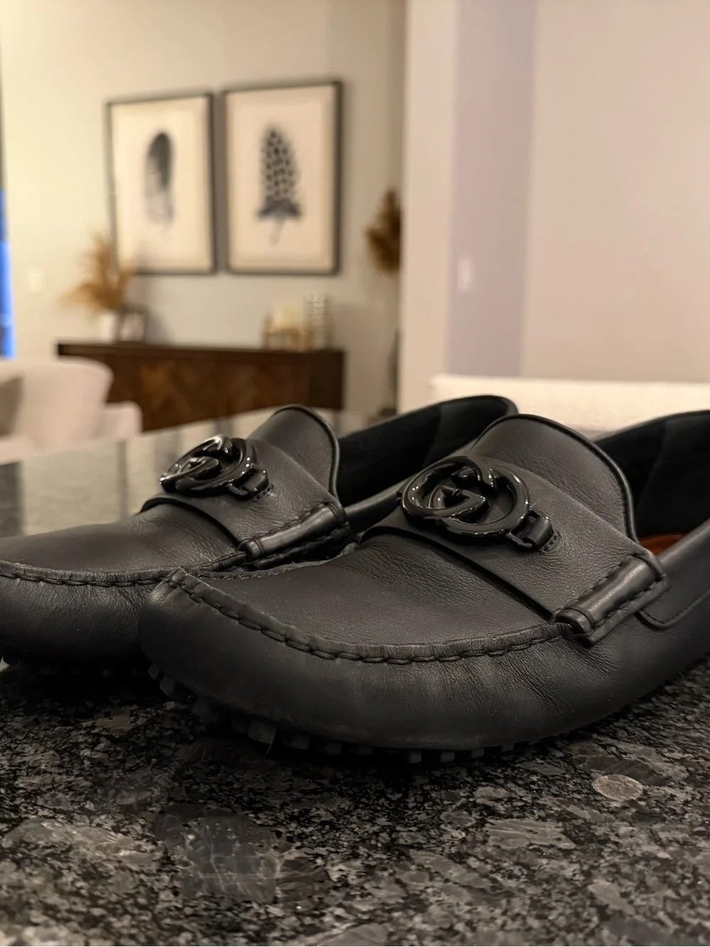 Gucci Black Leather Men's Driving Loafers with Interlocking G